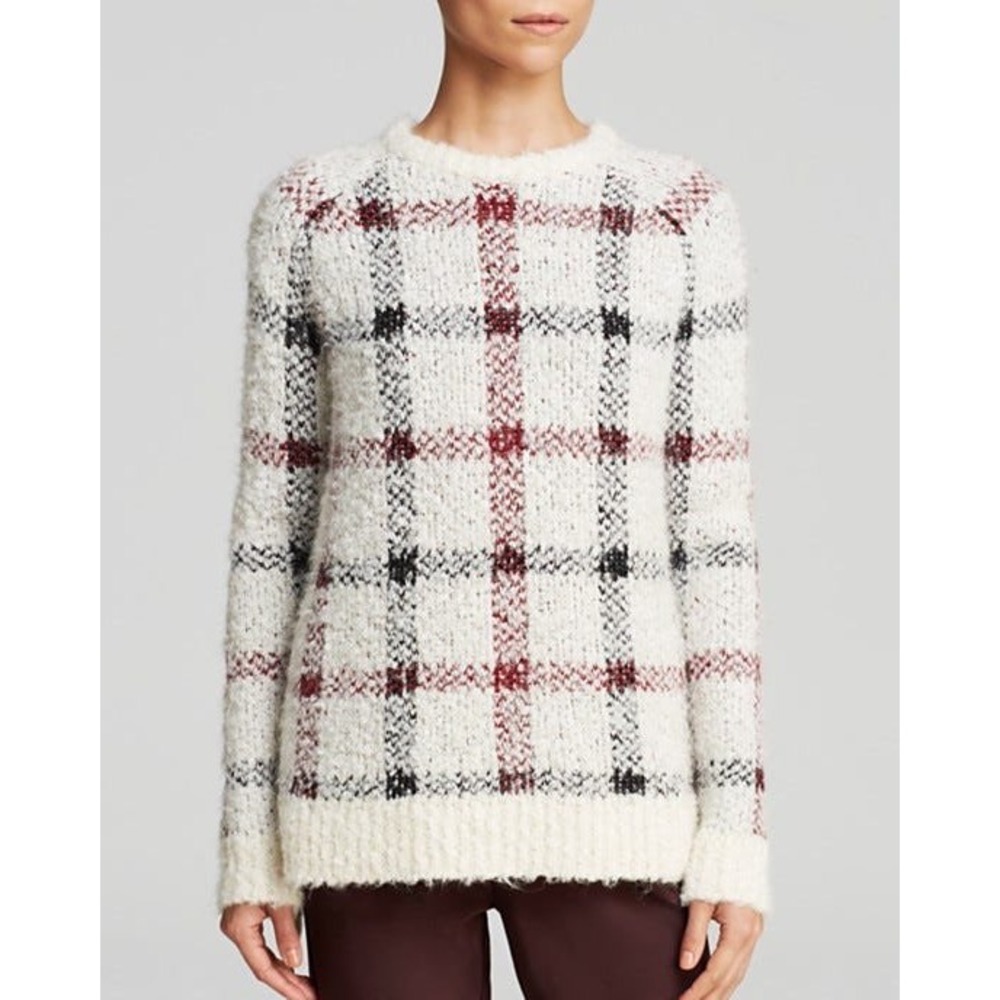 Theory White Plaid Boucle Knit Sweater Crewneck Long Sleeve Size P TP